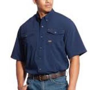 Ariat Rebar Blue Cotton Work Shirt Mens Size XXL Tall Button Front Utility EUC